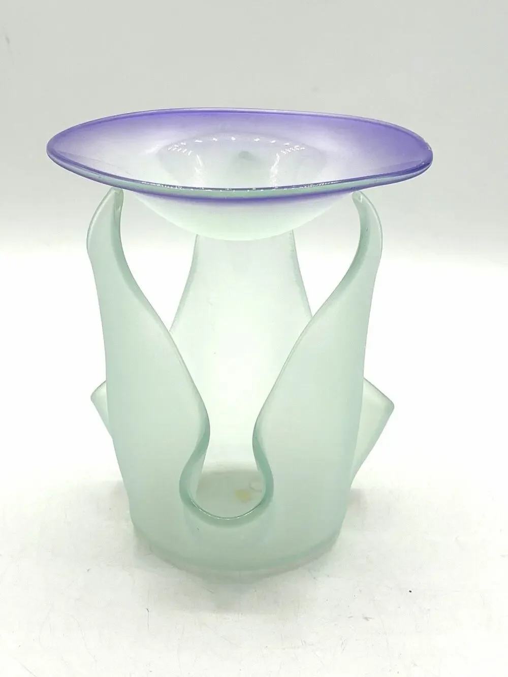Frosted Art Glass Candle Holder – Sculptural Seafoam Purple Tealight Warmer 5.5